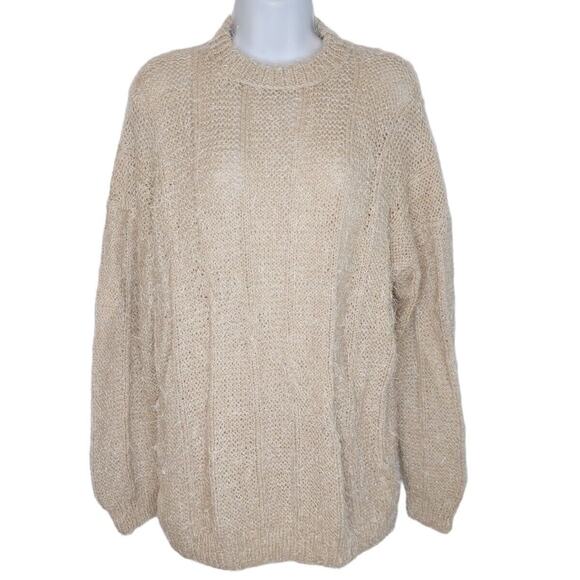 Women's M/L Hand Knit Handmade Pullover Sweater Beige Eyelash Cable Mock Neck - Picture 4 of 6